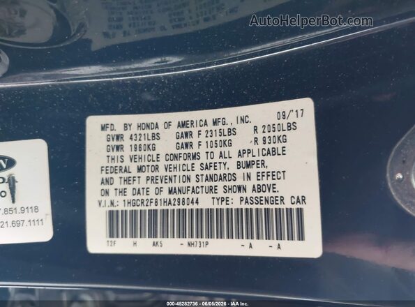 1HGCR2F81HA298044 2017 HONDA ACCORD Black Engine compartment view
