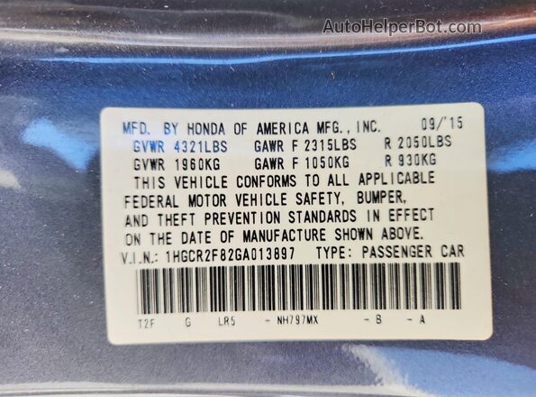 1HGCR2F82GA013897 2016 HONDA ACCORD Gray Vista del compartimento del motor