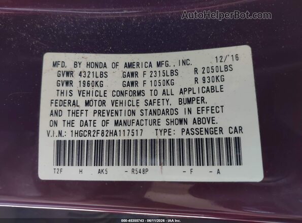 1HGCR2F82HA117517 2017 HONDA ACCORD Burgundy Вид підкапотного простору