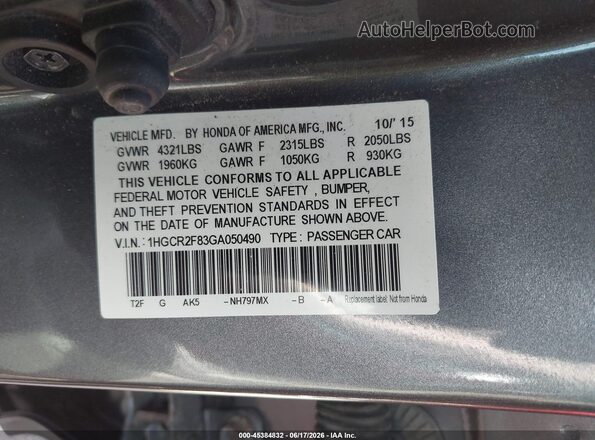 1HGCR2F83GA050490 2016 HONDA ACCORD Gray Вид підкапотного простору