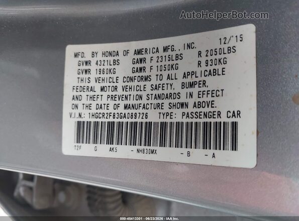 1HGCR2F83GA089726 2016 HONDA ACCORD Gray Widok komory silnika