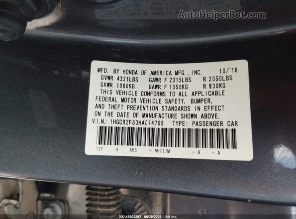 1HGCR2F83HA074709 2017 HONDA ACCORD Gray ძრავის განყოფილების ხედი