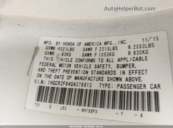 1HGCR2F84GA076810 2016 HONDA ACCORD White Engine compartment view
