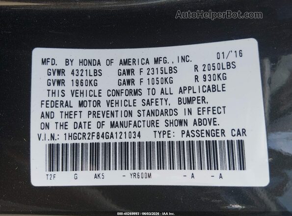 1HGCR2F84GA121034 2016 HONDA ACCORD Brown Շարժիչի բաժամունքի տեսք