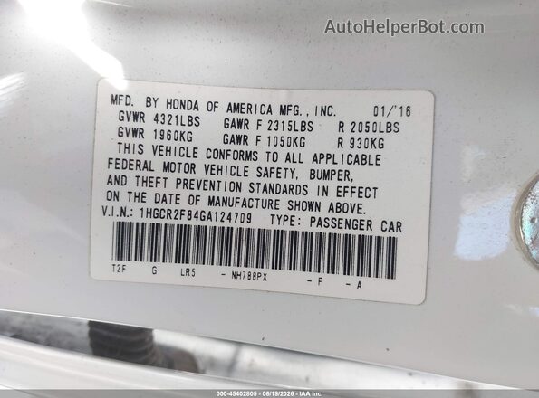 1HGCR2F84GA124709 2016 HONDA ACCORD White Engine compartment view