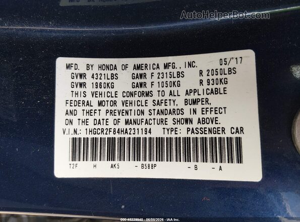 1HGCR2F84HA231194 2017 HONDA ACCORD Blue Engine compartment view