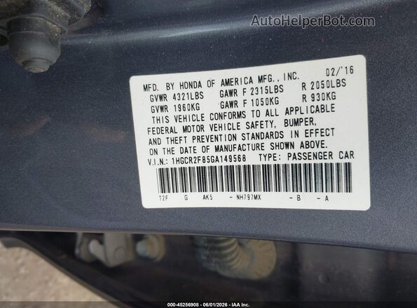 1HGCR2F85GA149568 2016 HONDA ACCORD Gray ძრავის განყოფილების ხედი