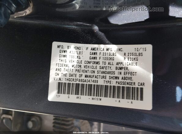 1HGCR2F86GA047499 2016 HONDA ACCORD Серебряный Вид подкапотного пространства