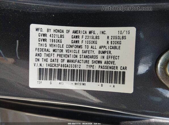1HGCR2F86GA053612 2016 HONDA ACCORD Серый Вид подкапотного пространства