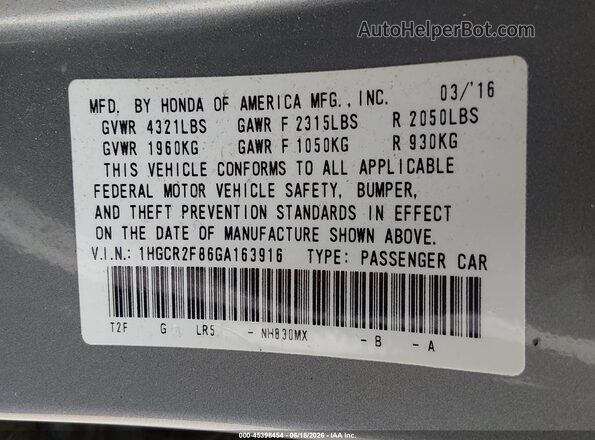 1HGCR2F86GA163916 2016 HONDA ACCORD Silver Widok komory silnika