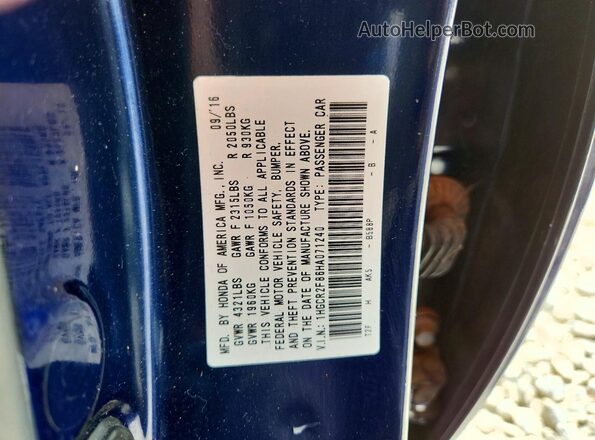 1HGCR2F86HA071240 2017 HONDA ACCORD Blue ძრავის განყოფილების ხედი