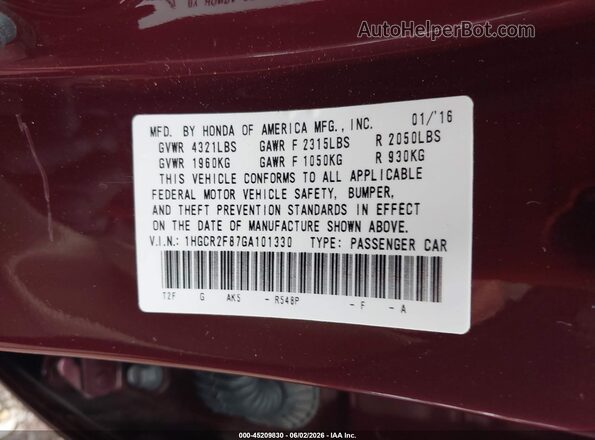 1HGCR2F87GA101330 2016 HONDA ACCORD Красный Вид подкапотного пространства