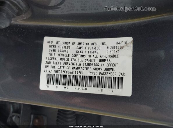 1HGCR2F89GA195761 2016 HONDA ACCORD Gray Engine compartment view