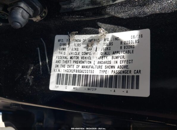 1HGCR2F89GA233750 2016 HONDA ACCORD Black Widok komory silnika