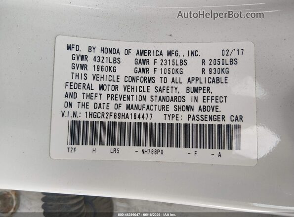 1HGCR2F89HA164477 2017 HONDA ACCORD White ძრავის განყოფილების ხედი