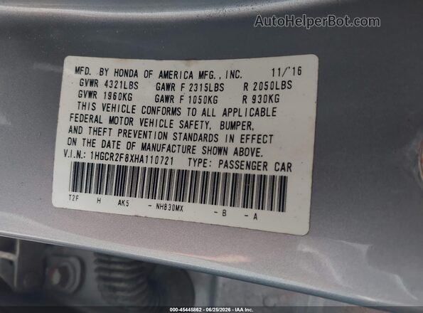 1HGCR2F8XHA110721 2017 HONDA ACCORD Gray Vista del compartimento del motor