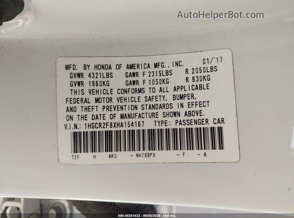 1HGCR2F8XHA154167 2017 HONDA ACCORD White Շարժիչի բաժամունքի տեսք