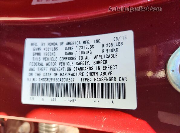 1HGCR2F92GA030207 2016 HONDA ACCORD Burgundy 