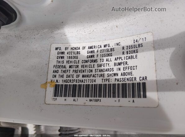 1HGCR2F92HA217304 2017 HONDA ACCORD White Widok komory silnika