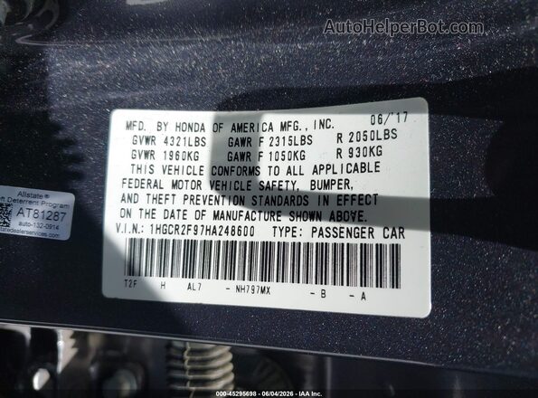 1HGCR2F97HA248600 2017 HONDA ACCORD Gray Engine compartment view