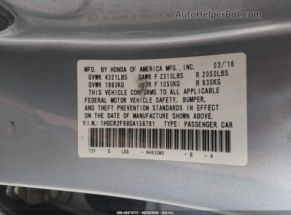 1HGCR2F98GA158791 2016 HONDA ACCORD Silver ძრავის განყოფილების ხედი