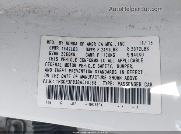 1HGCR3F03GA010958 2016 HONDA ACCORD Белый Вид подкапотного пространства