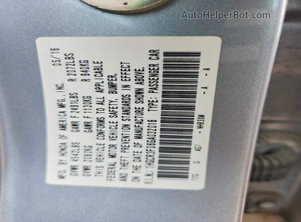 1HGCR3F06GA032016 2016 HONDA ACCORD Серебряный Вид наклейки с VIN-кодом