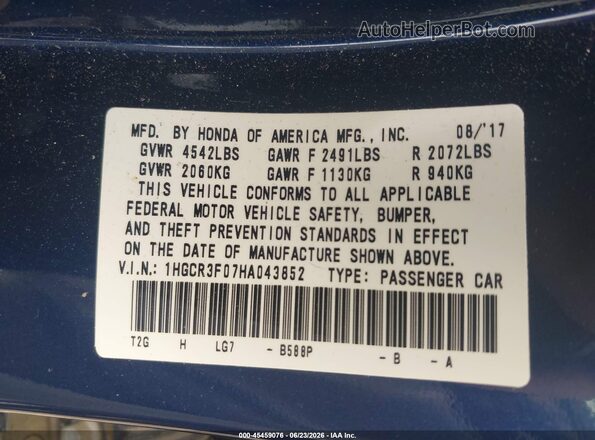 1HGCR3F07HA043852 2017 HONDA ACCORD Blue Widok komory silnika