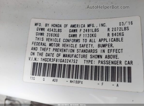 1HGCR3F81GA024752 2016 HONDA ACCORD Белый Вид подкапотного пространства