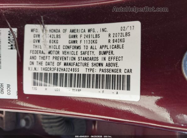1HGCR3F82HA024955 2017 HONDA ACCORD Бордовый Вид подкапотного пространства