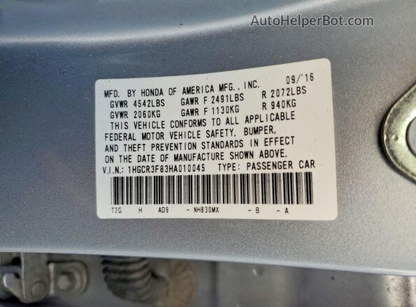 1HGCR3F83HA010045 2017 HONDA ACCORD Silver VIN կոդի պիտակի տեսք