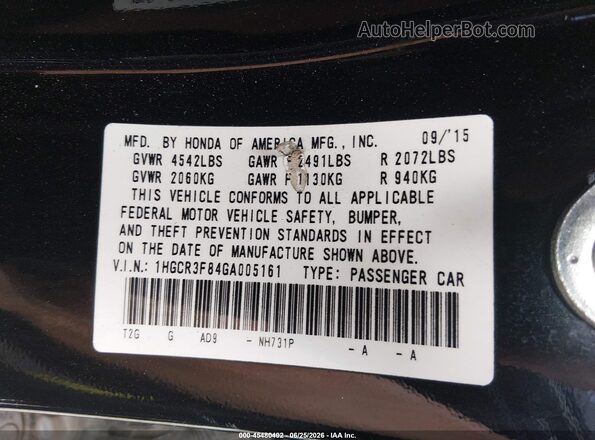1HGCR3F84GA005161 2016 HONDA ACCORD Black Engine compartment view