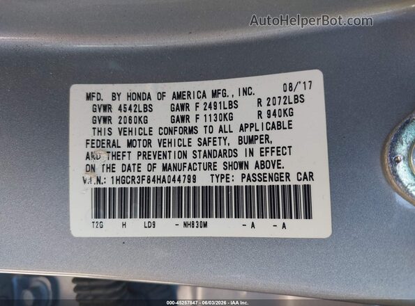 1HGCR3F84HA044799 2017 HONDA ACCORD Silver Շարժիչի բաժամունքի տեսք