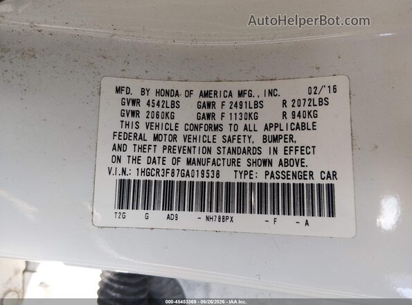 1HGCR3F87GA019538 2016 HONDA ACCORD White Շարժիչի բաժամունքի տեսք