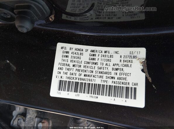 1HGCR3F89HA026671 2017 HONDA ACCORD Brown Engine compartment view