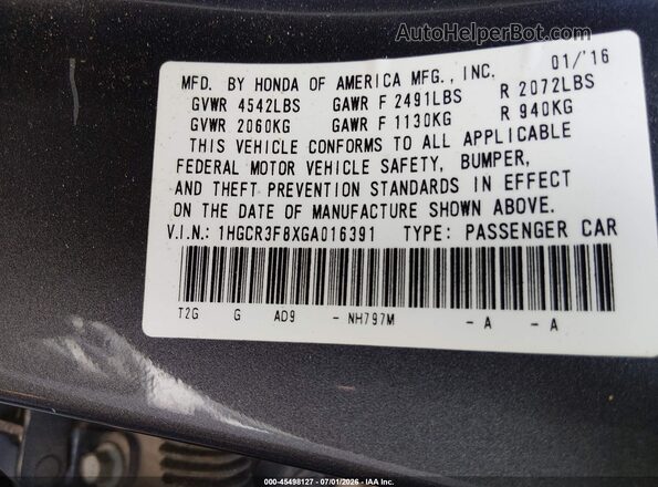 1HGCR3F8XGA016391 2016 HONDA ACCORD Серый Вид подкапотного пространства