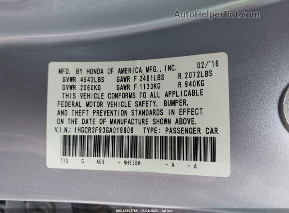 1HGCR3F93GA019609 2016 HONDA ACCORD Серебряный 