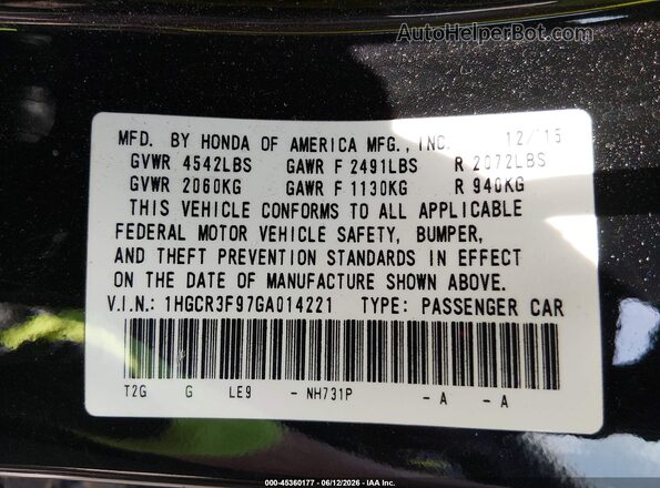 1HGCR3F97GA014221 2016 HONDA ACCORD Black Շարժիչի բաժամունքի տեսք