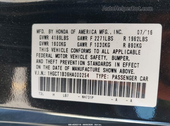 1HGCT1B36HA000254 2017 HONDA ACCORD Black 