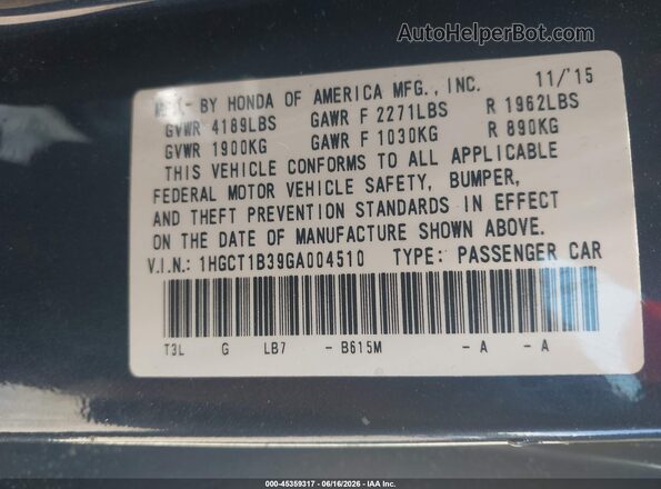 1HGCT1B39GA004510 2016 HONDA ACCORD Blue Engine compartment view