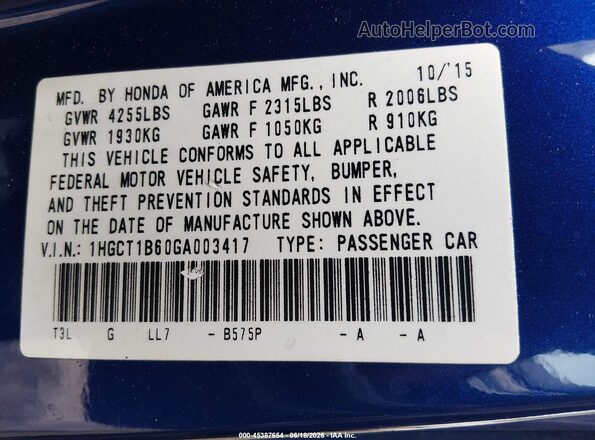 1HGCT1B60GA003417 2016 HONDA ACCORD Blue Vista del compartimento del motor