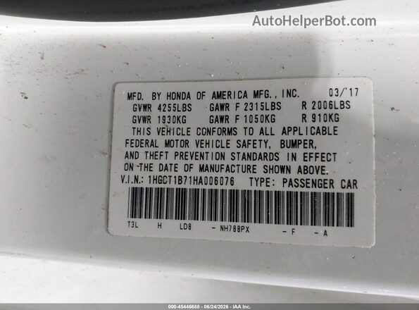 1HGCT1B71HA006076 2017 HONDA ACCORD White Widok komory silnika