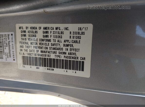 1HGCT1B79HA009162 2017 HONDA ACCORD Silver Շարժիչի բաժամունքի տեսք