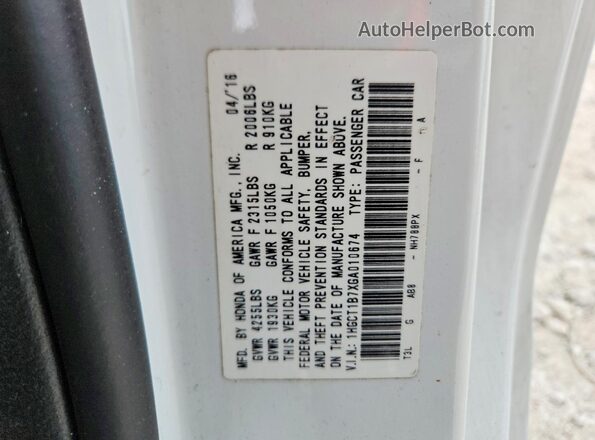 1HGCT1B7XGA010674 2016 HONDA ACCORD Белый Вид наклейки с VIN-кодом