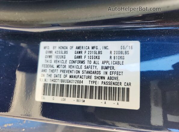 1HGCT1B80GA012684 2016 HONDA ACCORD Blue Engine compartment view