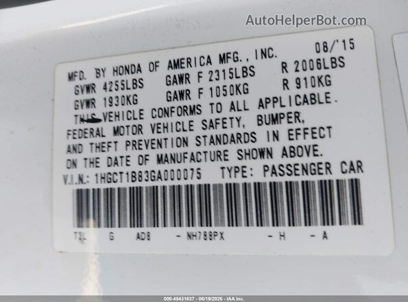 1HGCT1B83GA000075 2016 HONDA ACCORD White Շարժիչի բաժամունքի տեսք