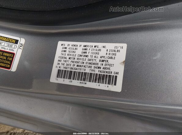 1HGCT1B83GA009178 2016 HONDA ACCORD Gray Вид підкапотного простору