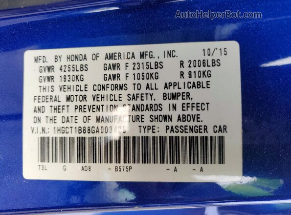 1HGCT1B88GA003425 2016 HONDA ACCORD Blue Vista de la etiqueta del VIN