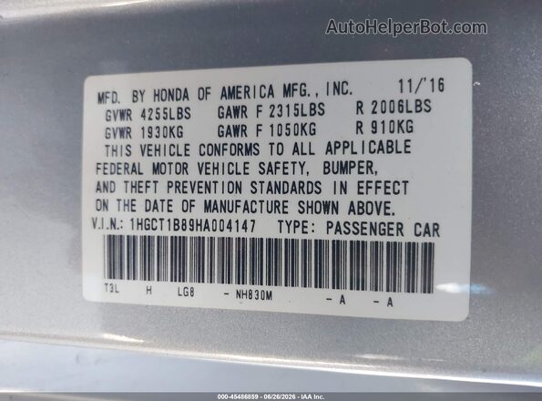 1HGCT1B89HA004147 2017 HONDA ACCORD Silver Engine compartment view