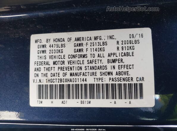 1HGCT2B0XHA001144 2017 HONDA ACCORD Blue Engine compartment view